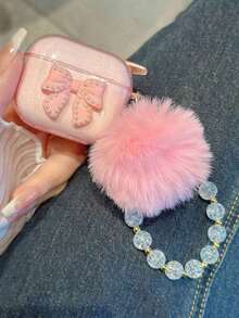Apple Aesthetic Pink Bow Earphone Case Decorated With Faux Pearl & Bowknot & Fluffy Ball Charm Chain - Pink - View 8