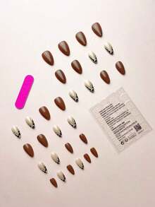 Instantly Upgrade Your Look With 30Pcs/Set Reddish-Brown French Short Almond Glitter Striped Leopard Print Full Coverage Press-On Fake Nails, Includes 1Pc Gel Polish & 1Pc Nail File, Suitable For All Women Nail Supplies Nails - Nhiều màu - Xem 3