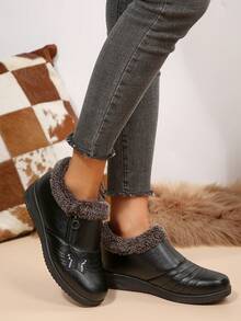 2024 Winter New Side Zipper Butterfly Middle-Aged Non-Slip Warm & Comfortable Soft-Sole Mother Shoes,Fur Boots - Black - View 7