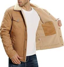 Mens Winter Thick Thermal Cotton Warm Fleece Lined Sherpa Trucker Lapel Work Cargo Jackets Coat OuterwearChristmas 8453 - 卡其色 - 查看 7