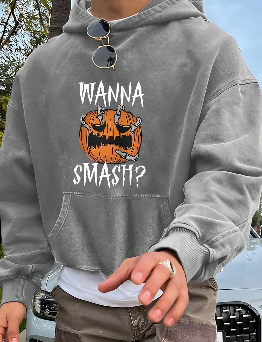 Halloween Funny Pumpkin Skull Hands + "WANNA SMASH?" Print"Nightmare Before Christmas, Horror. American Retro Print Pattern 1Pcs 500g Pure Heavy 100% Cotton Cordless Sweatshirt, Letter Spring/Fall Winter All Loose Washed Popover Pocket, Christmas Halloween Thanksgiving Day New Year, Y2K Street Hip-Hop Campus Fashion Style, Suitable For Parties And Play - 灰色 - 查看 1