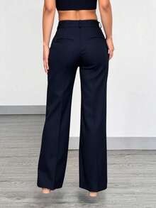 Women's Tailored Flare Pants With Fake Pockets At The Back - Màu xanh hải quân - Xem 2