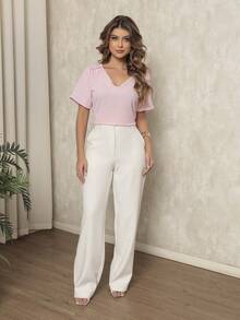 DUOUNO MODAS - WOMEN'S SHORT SLEEVE BLOUSE IN DUNAS FABRIC, V-NECKLINE WITH PLEATED DETAILS ON THE SHOULDER - WOMEN'S BLOUSES - Màu Hồng baby - Xem 5