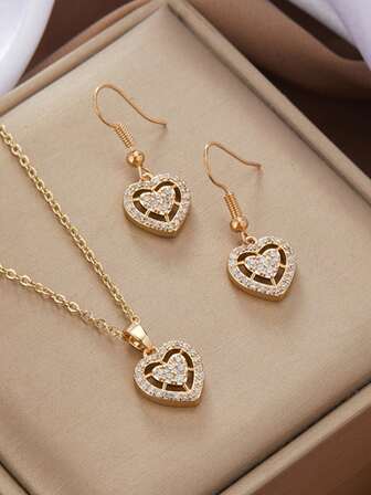 1 Set Women's Hollow Double Heart Pendant Necklace And Earrings Set, Suitable For Ladies' Daily Wear, Parties, Music Festivals, Great Gift For Family And Friends