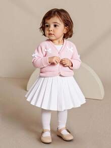 SHEIN Elladie kids V-Neck Cardigan For Baby Girls, Solid Color, Bow Decor, Long Sleeve, Button Front, Knitted Sweater Jacket, Spring/Autumn - Baby Pink - View 2