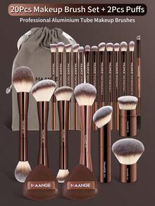 MAANGE 23pcs Makeup Brush Set, Includes 20pcs Professional Travel Makeup Brushes, 2pcs Accessories And 1pc Storage Bag. Set Contains: Powder Brush, Blush Brush, Concealer Brush, Contour Brush, Nose Brush, Eyeshadow Brush, Eyebrow Brush, Eyeliner Brush, Highlighter Brush, Face Brush, Foundation Brush, Detail Brush. Essential For Home Or Travel, Ideal Gift For Friends And Family - Brown - View 3