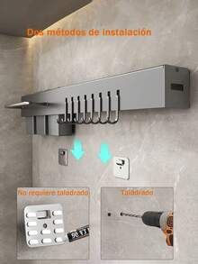 Estantería de almacenamiento de cocina, estantería de almacenamiento montada en la pared, sin necesidad de taladrar, equipada con ganchos, estantería de almacenamiento multifunciona, 1 pieza - Negro - Ver 9