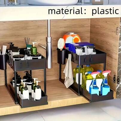 1 Pc 2-Tier Under Sink Organizers,1pc Organizer Narrow Space Storage Multi-Purpose Sink Organizer For Bathroom Kitchen Drawer 2 Tier Under Sink Organizer Sliding Cabinet Basket Organizer Storage Rack With Hooks Hanging Cup Bathroom Kitchen Organizer Under Sink Organizer And Storage Kitchen Organization Rack With Double Sliding Cabinet Drawers