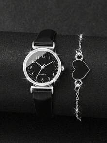 Set de 2 relojes de mujer - Reloj de pulsera de cuarzo con esfera pequeña y numérica de moda minimalista + pulsera con dije de corazón (caja de reloj no incluida) - Negro - Ver 3