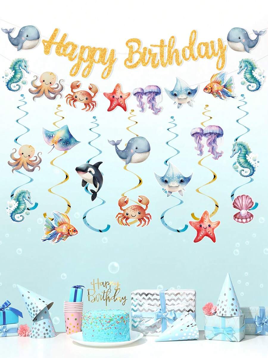 一套海洋生物生日快乐横幅，螺旋悬挂式，海洋动物图案纸质悬挂横幅，海洋主题生日派对背景三角旗，房间装饰，家居装饰，墙面装饰，水下派对装饰，生日悬挂装饰，生日派对用品