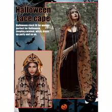 Halloween Costume Black Hooded Cape Tulle Cloak Medieval Hooded Cloak Vampire Robe With Hood For Women Cosplaygift - 橘色 - 查看 5
