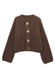 Women's Fashion Single Pocket Decoration Casual Knit Sweater Jacket, Retro Round Neck Elegant Short Top, Street Style - Brown - View 5