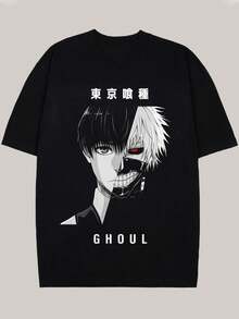 Men's  Cotton Graphic T-Shirt - Casual Regular Fit, Men'S Retro Japanese Anime Graphic T-Shirt- Soft Breathable Cotton Tee With Split-Face Character Art& GHOUUL Print, Regular Fit Casual Shirt For All Seasons, Anime Clothes, Allseason Apparel, Vintage Style, Stretch Fabric 100% Cotton, 220g/M² Knit Fabric Christmass Gift - 黑色 - 查看 1