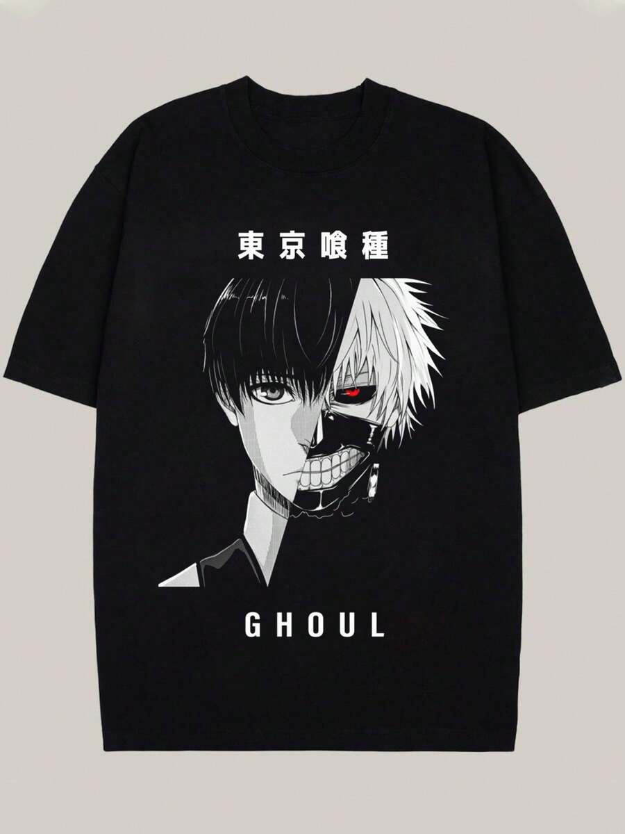 Men's  Cotton Graphic T-Shirt - Casual Regular Fit, Men'S Retro Japanese Anime Graphic T-Shirt- Soft Breathable Cotton Tee With Split-Face Character Art& GHOUUL Print, Regular Fit Casual Shirt For All Seasons, Anime Clothes, Allseason Apparel, Vintage Style, Stretch Fabric 100% Cotton, 220g/M² Knit Fabric Christmass Gift - 黑色 - 查看 1