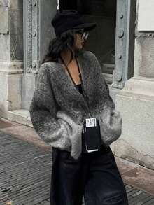 秋冬中国风扎染镂空针织开衫，宽松落肩V领外套 - 灰色 - 查看 3