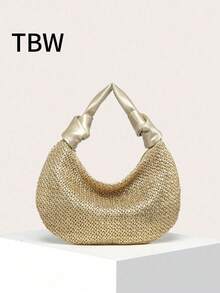 Ladies Handbag Crescent Bag Golden Double Knot Straw Woven Solid Color Lightweight Fashionable And Minimalist, For Going Out. - Gold - View 1