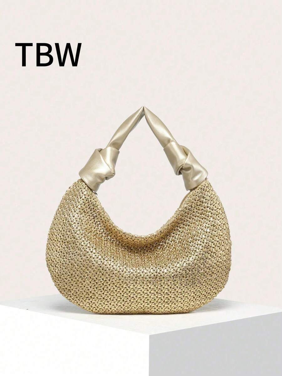 Ladies Handbag Crescent Bag Golden Double Knot Straw Woven Solid Color Lightweight Fashionable And Minimalist, For Going Out. - Gold - View 1