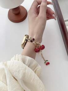 1pc Female's Women's Watch Bracelet Compatible With Apple Watch Band Love Cherry Pendant Gold Watch Strap,Compatible With Apple Watch 38/40/41/42/44/45/46/49 MM, Suitable For Ultra3/2/1/SE/11/10/9/8/7/6/5/4/3/2/1