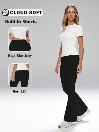 FWH "Daily-Wear Two Pieces Set For Women: Base-Style, Versatile And Conservative Design Suitable For Outdoor Commuting, Office, Fitness & Yoga. Features Sweet And Elegant Gentle Style, Slim-Fitting With Waist-Contracting Elastic Fabric. Round Neck, Short Sleeve Top Paired With High-Waist, Tummy-Control Micro-Flare Sports Pants For Leg-Lengthening Effect."