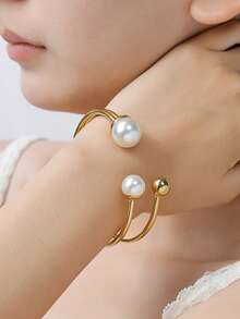 1pc Elegant Casual Faux Pearl Decor Stainless Steel Bangle Easily Matched Cuff Bracelet Classic Golden Or Silvery Jewelry Accessories For Women For Daily Wear