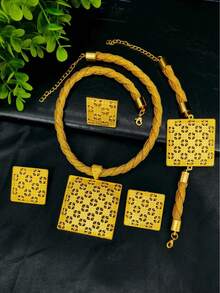 1 Set de Joyería de Mujer con Flecos y Cristales Chapados en Oro, 4 piezas, Collar y Aretes, Estilo Europeo y Americano, Medio Oriente, Dubai, Accesorios de Vestido de Novia Africana, Regalo para Fiestas - Amarillo Oro - Ver 2
