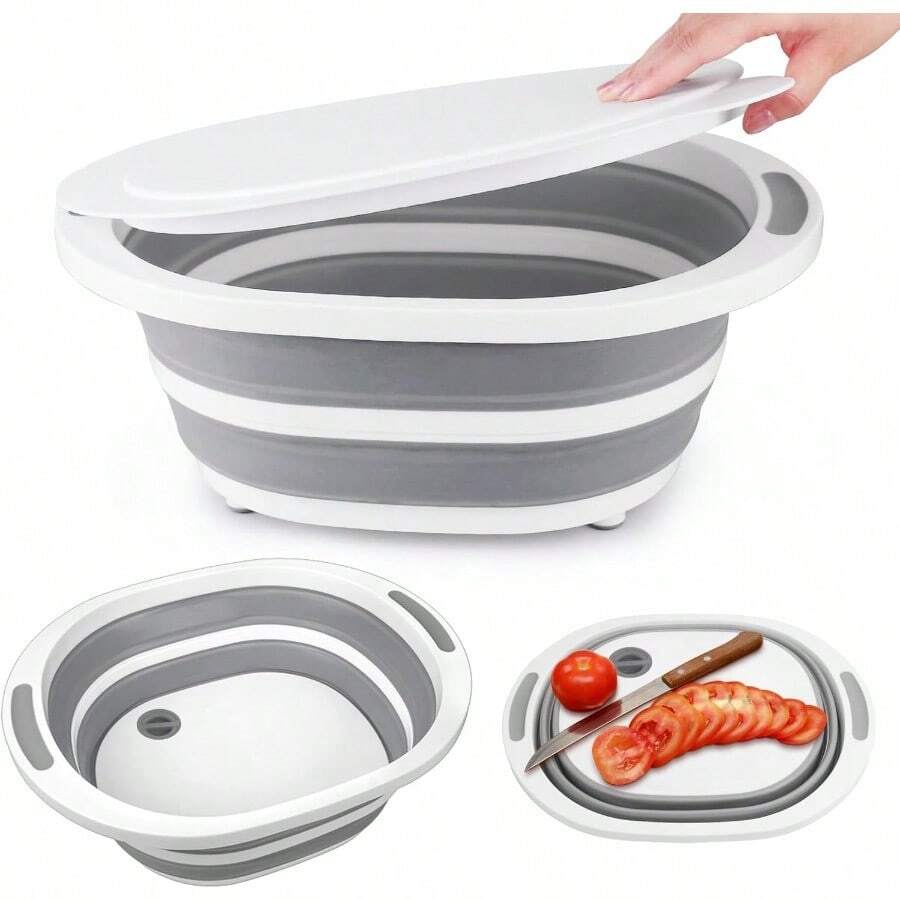 Collapsible BBQ Prep Tub With Lid 7.5L Bottle Wash Basin With Drain Plug Chopping Board Colander For Kitchen Portable Camping Sink Dish Basin Folding Dish Pan Storage Basket Picnic BBQ Accessories - 附排水塞+蓋子 - 查看 1