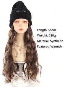 Beanie Hat With Long Wavy Curly Hair Extensions Black Knit Cap 22inch Synthetic Wig Hairpiece Warm Pom For Women Winter Ash Blonde - Multicolor - View 5