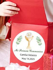 35张圆形（4x4厘米）个性化洗礼和命名标签贴纸，男女童通用，花卉和波点图案，Mi Primera 圣餐礼物贴纸，适用于庆祝活动，优雅品质贴纸，生日礼物，圣餐庆典，婚礼标签，可定制贴纸，用于文具、水瓶、笔记本、酒瓶和酒杯。装饰性强，防水，耐用，防刮，易于粘贴和移除，高品质定制防水贴纸，永恒的爱 - 彩色 - 查看 19