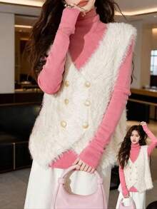 Damen Kuschelige Strickjacke ärmellos Kunstfell Mantel mit tiefem V-Ausschnitt und goldenen Knöpfen asymmetrisch normale Länge