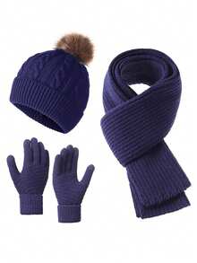 3pcs Winter 2025 New Women Thick Knitted Beanie Hat, Scarf & Gloves Set, Outdoor Cycling Warm 3 PiecesSuit, Solid Color Valentines Gift - Multicolor - View 11