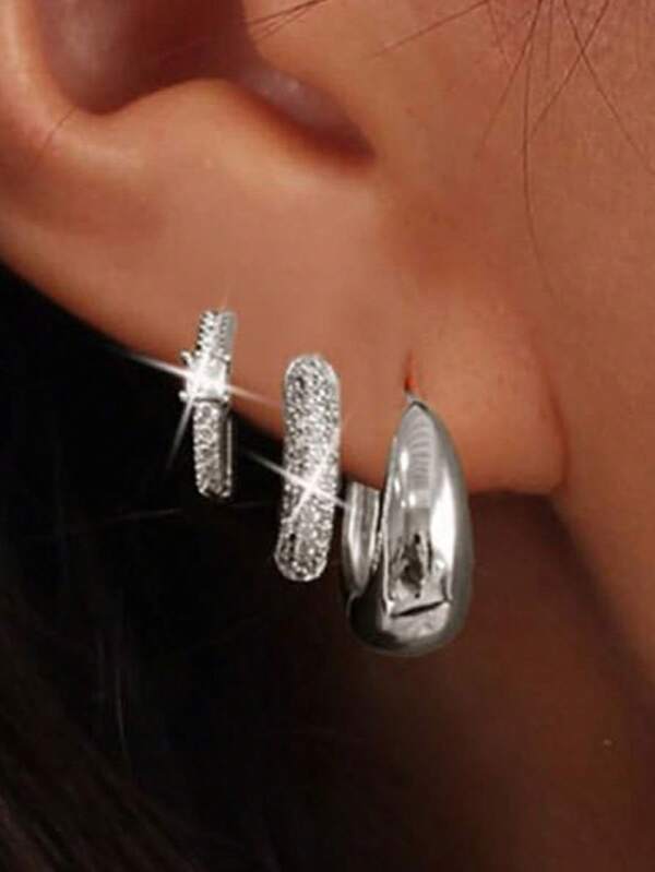 Set de 3 pendientes de aro mini de moda, pendientes de aro gruesos con incrustaciones de circonita, pendientes perforados minimalistas y frescos adecuados para uso diario de mujeres