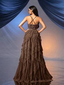 Đầm dạ hội lãng mạn QOQ, thích hợp cho đám cưới, tiệc cocktail, dạ hội từ thiện, v.v. Đầm lưới đính sequin hở lưng màu trơn, thích hợp cho tiệc mùa xuân. - Cà phê nâu - Xem 2