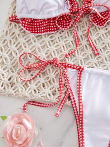 PEPPERMOLLY 2026春夏爆款多色花朵两件式泳衣，露背挂脖设计，随机印花，夏季海滩度假必备性感修身比基尼 - 紅白色 - 查看 11