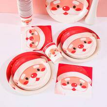 Weihnachtsthema Weihnachtsmann runde Gesichter Party Geschirr Set, Einwegplatten, Servietten, Becher, geeignet für 25 Gäste, Einmal-Pappteller Party Zubehör passend für Geburtstagsfeiern, Familienpicknicks