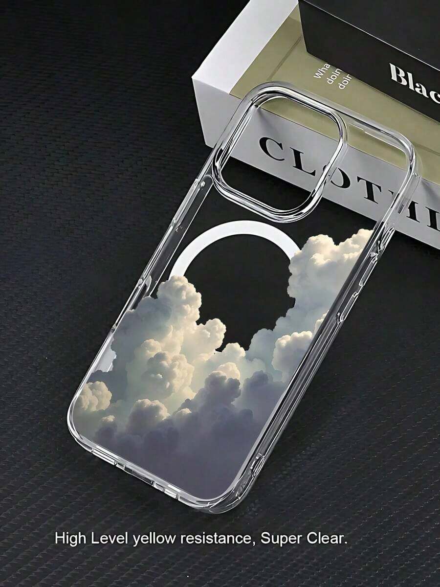 Funda de teléfono con patrón de nubes blancas transparentes, material acrilico TPU mejorado 2 en 1, fuerte succión magnética, elegante y duradera, adecuada para Apple 17ProMax 17Pro 17PLUS 17 16 15 14 13 12 Series - transparente - Ver 1