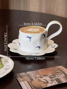 1 Set Hand-Painted Bird Ceramic Coffee Cup And Saucer With Scalloped Edge, French Vintage Bird Coffee Latte Cup And Saucer, Retro Bird Afternoon Tea Dessert Cup And Saucer, Suitable For Restaurant, Living Room, Cafe - White - View 2