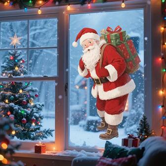 1 st. jultomte med presentmönster fönsterklistermärke fönsterklistermärke för vardagsrum, heminredning, köpcentrum och glasfönster - julfönsterklistermärken dekoration