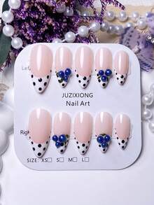 10片手工杏仁白法式波点可爱3D蓝莓简约时尚可拆卸美甲贴片，高端美甲用品手工按压式美甲贴片 - 彩色 - 查看 4
