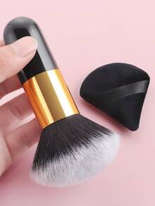 1pc Portable Soft Bristle Powder Blush Brush + 1pc Nylon Powder Puff - Makeup Brushes, Ultra Soft, Suitable For Beginners And Professionals