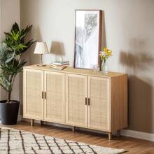 158CM Elegant And Functional 4-Door Rattan Decorative Storage Cabinet For Bedroom, Living Room, Office, Black; 158CM Elegant And Functional 4-Door Rattan Cabinet For Bedroom, Living Room, Office - 天然+刨花板 - 查看 8