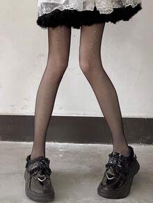 1条装 80克/220克/300克 女士性感闪光透明亮片黑色连裤袜，春秋冬三季商务性感保暖连裤袜，带保暖内衬，保暖打底裤 - 黑色 - 查看 3