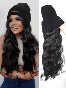 Beanie Hat With Long Wavy Curly Hair Extensions Black Knit Cap 22inch Synthetic Wig Hairpiece Warm Pom For Women Winter Ash Blonde - Multicolor - View 11