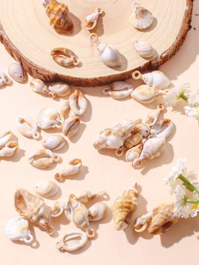 45pcs Bohemian Beach Style Acrylic White & Brown Faux Shell Pendant DIY Necklace, Bracelet, Phone Chain Decor Accessories