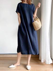 Women's Summer Midi Linen Dress Short Sleeve Round Neck Solid Color Beach Dress With 2 Pockets,Summer Dresses For Women,Holidays Dress - Màu xanh hải quân - Xem 1