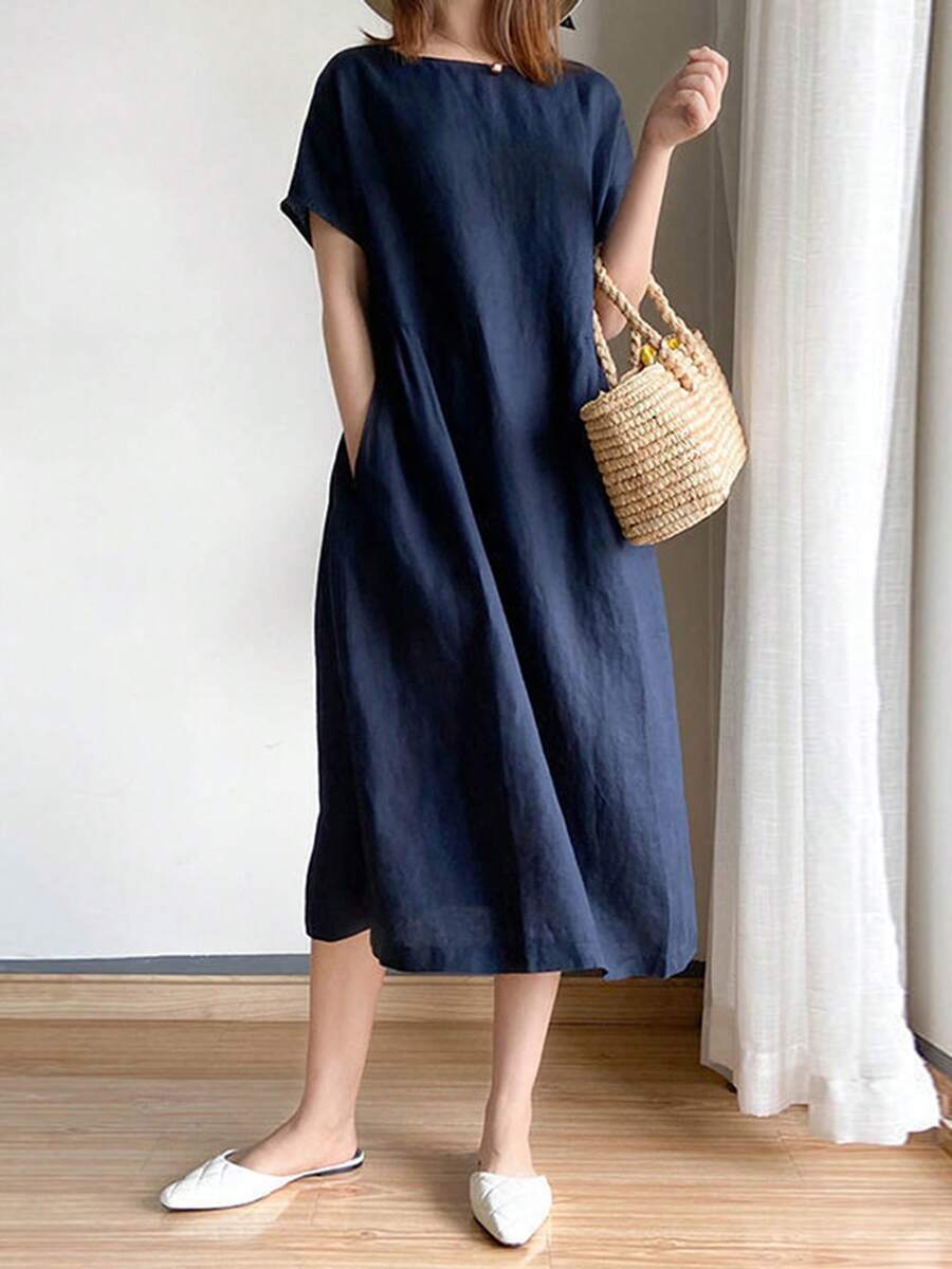 Women's Summer Midi Linen Dress Short Sleeve Round Neck Solid Color Beach Dress With 2 Pockets,Summer Dresses For Women,Holidays Dress - Màu xanh hải quân - Xem 1
