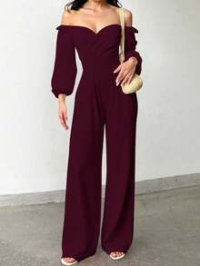 Mujer mono sexy elegante cruzado fit holgado escote V hombros descubiertos manga larga primavera verano eventos pantalón largo - Rojo Violeta - Ver 2