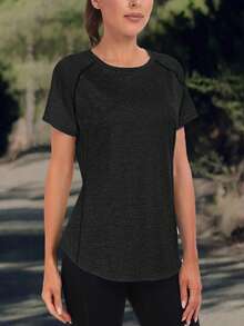 Tricou sport pentru femei, culoare solidă - guler rotund, ușor, mânecă scurtă, amestec elastic de poliester, potrivit pentru primăvară și vară, stil simplu lejer, rezistent la culoare, bluză casual cu mânecă jumătate