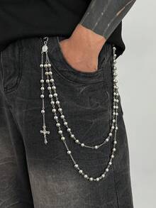 1pc Men's Faux Pearl Hand-Woven Fashion Accessory, Hiphop Punk Style Pants Chain, Key Holder, Waist Decor For Daily, Party, Holiday, Jewelry Gift - Single Layer - View 11