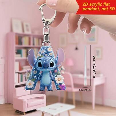 Stitch 2D Flat, 1 Acrylic Print Keychain With 26 Alphabets - Perfect For Bags And Car Keys, Ideal Gift For Valentine's Day, Birthdays, Anniversaries, Graduation, Halloween, Christmas (The Product Is Not Transparent, Please Tear Off The Protective Film On The Back Of The Printed Side, It Is A Double-Sided Pattern, One Front And One Back)