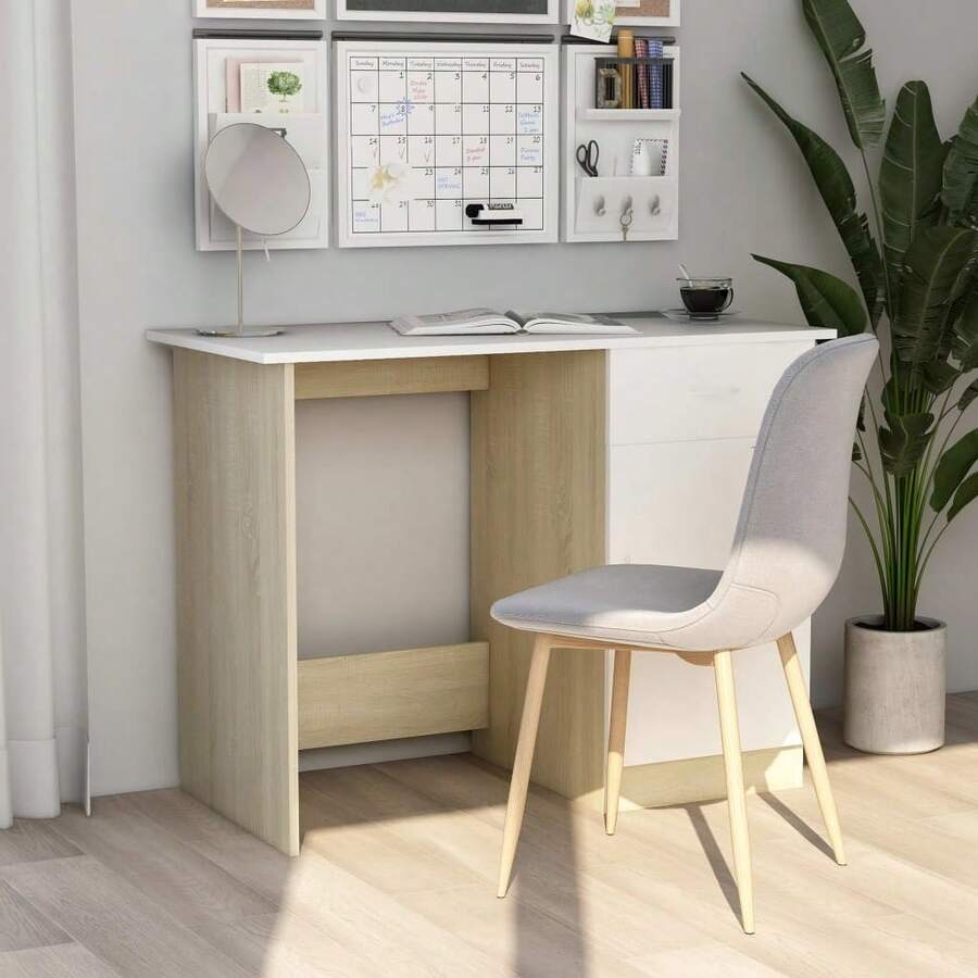 vidaXL Desk Engineered Wood Writing Modern Home Office Study Compact Minimalist - 白色和索諾瑪橡木 - 查看 1